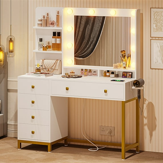 Makeup Vanity Desk with Mirror and Lights and Charging Station, Vanity Dressing Table with 5 Drawers and Storage Shelves, White