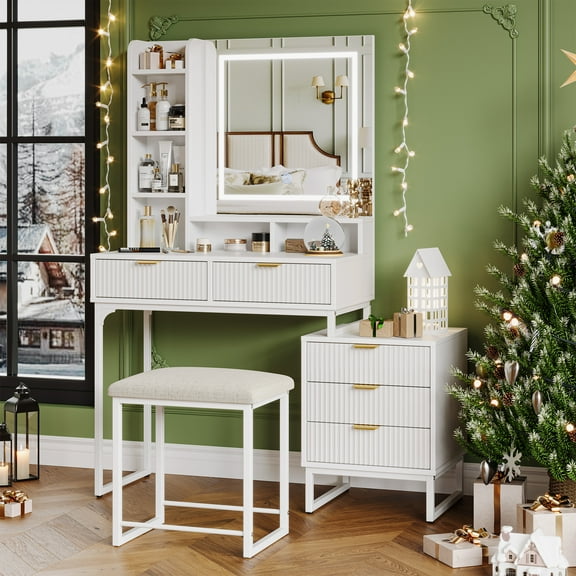Makeup Vanity Desk with Stool, Lighted Mirror & 5 Drawers – White Vanity Table Features 4 Tiers of Open Shelves for Full Beauty Storage