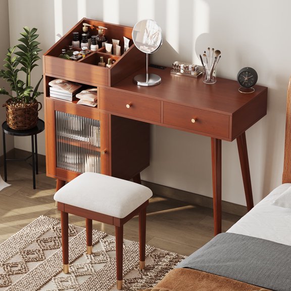 Makeup Vanity Desk with USB Port, Modern Vanity Desk Set with Stool, Dressing Makeup Table with Large Storage for Small Place, Walnut