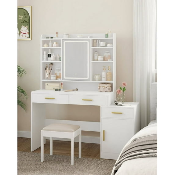 Makeup Vanity Dressing Table with 3 Drawers, Storage Cabinet, White