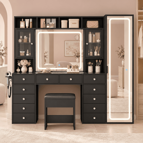 Makeup Vanity with Full Length Mirror, Vanity Desk with Lights & Power Outlet, Drawers & Shelves, Hidden Storage, Dimmable 3 Color Lighting for Bedroom