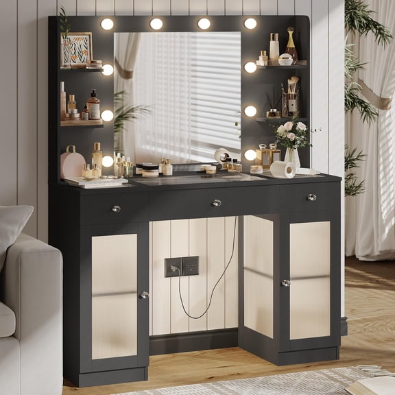 Makeup Vanity with Glass Top, Black Vanity Desk with Mirror and Lights, Big Vanity with Drawers & Cabinets for Bedroom, Cute Vanity with Crystal Knobs & Power Outlet for Women, Girls
