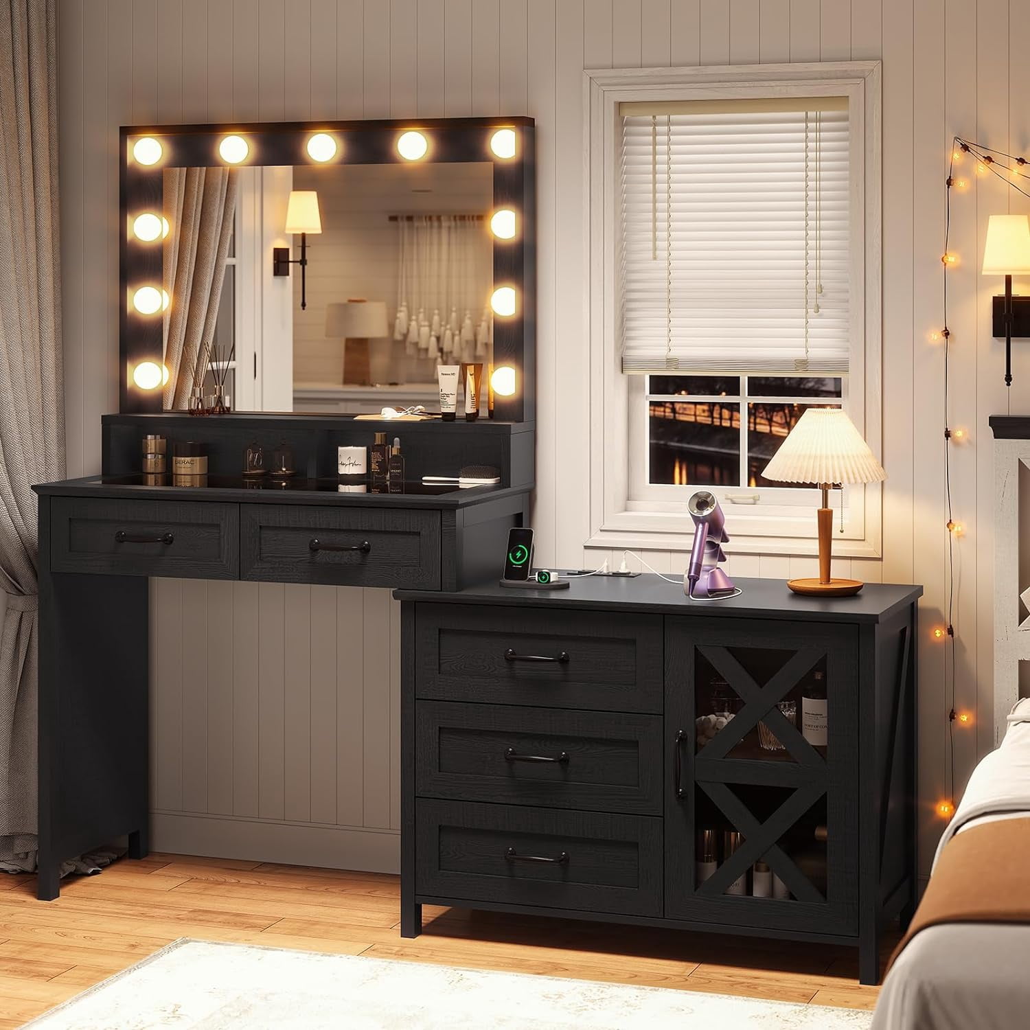 Makeup Vanity with Glass Top & Charging Station, Vanity Desk with Large ...