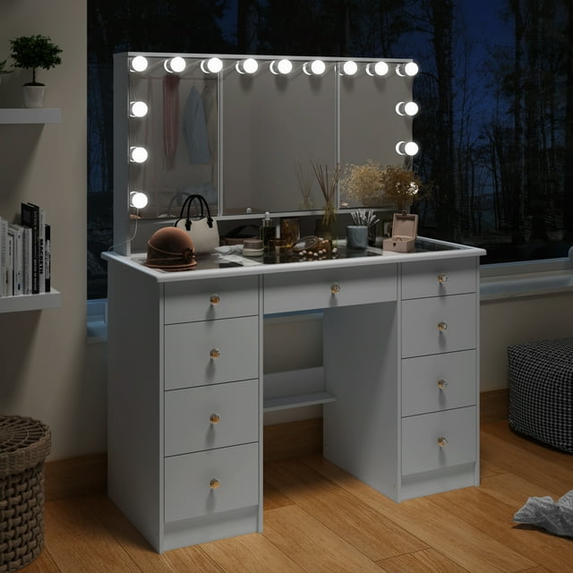 Makeup Vanity Glass Top, Vanity Desk with Mirror and Lights, 3 Lighting