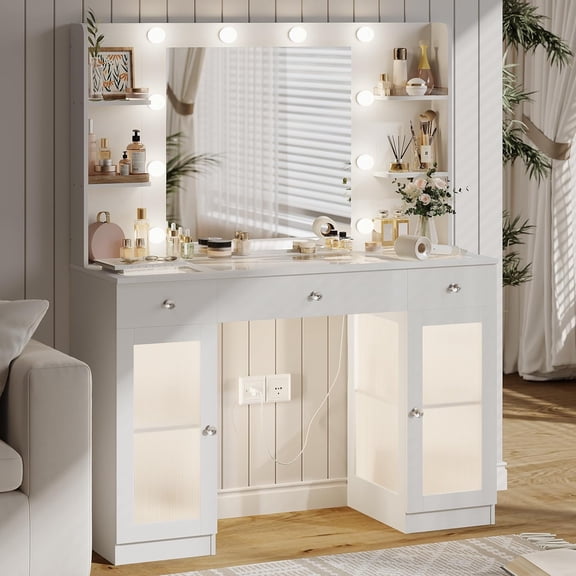 Makeup Vanity with Glass Top, White Vanity Desk with Mirror and Lights, Big Vanity with Drawers & Cabinets for Bedroom, Cute Vanity with Crystal Knobs & Power Outlet for Women, Girls