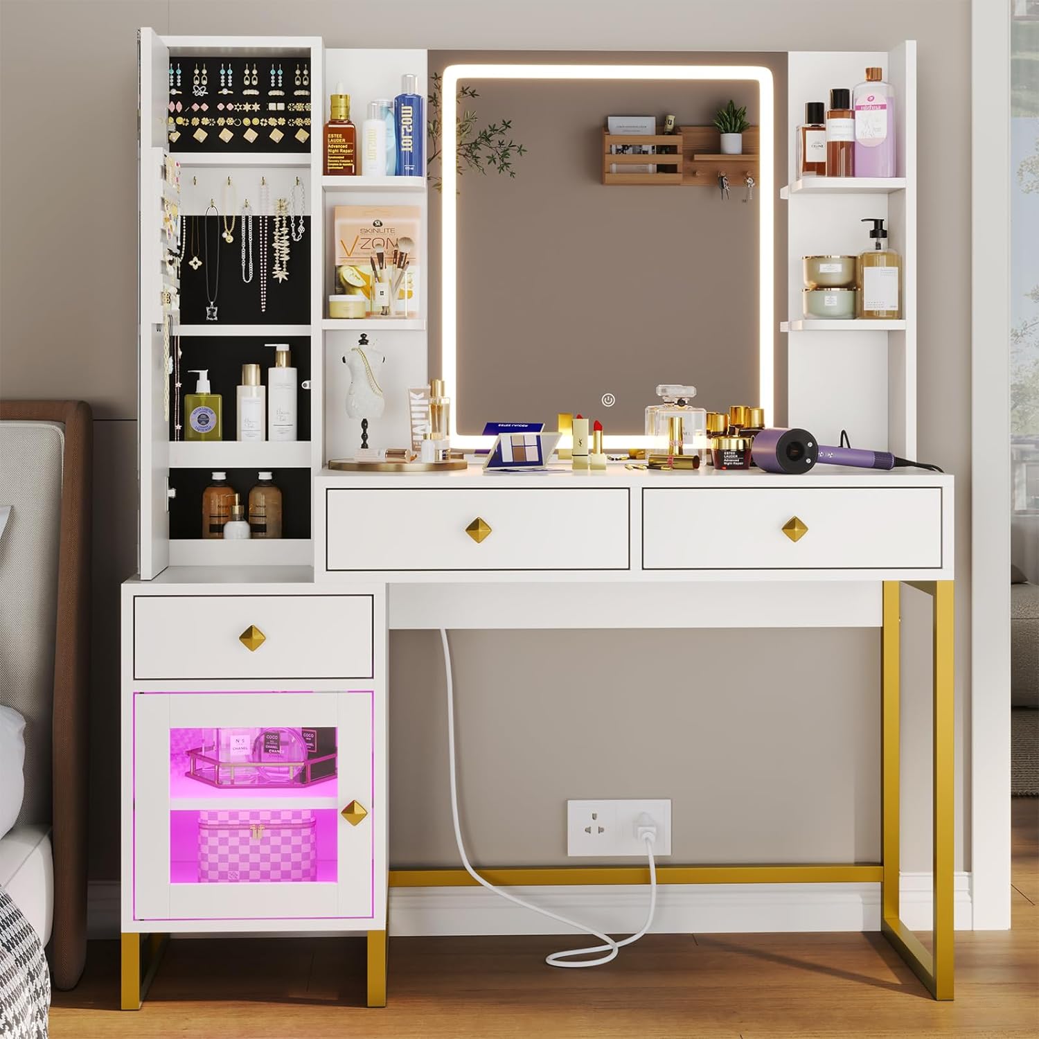 Makeup Vanity with Jewelry & LED Lighted Mirror, Modern Vanity