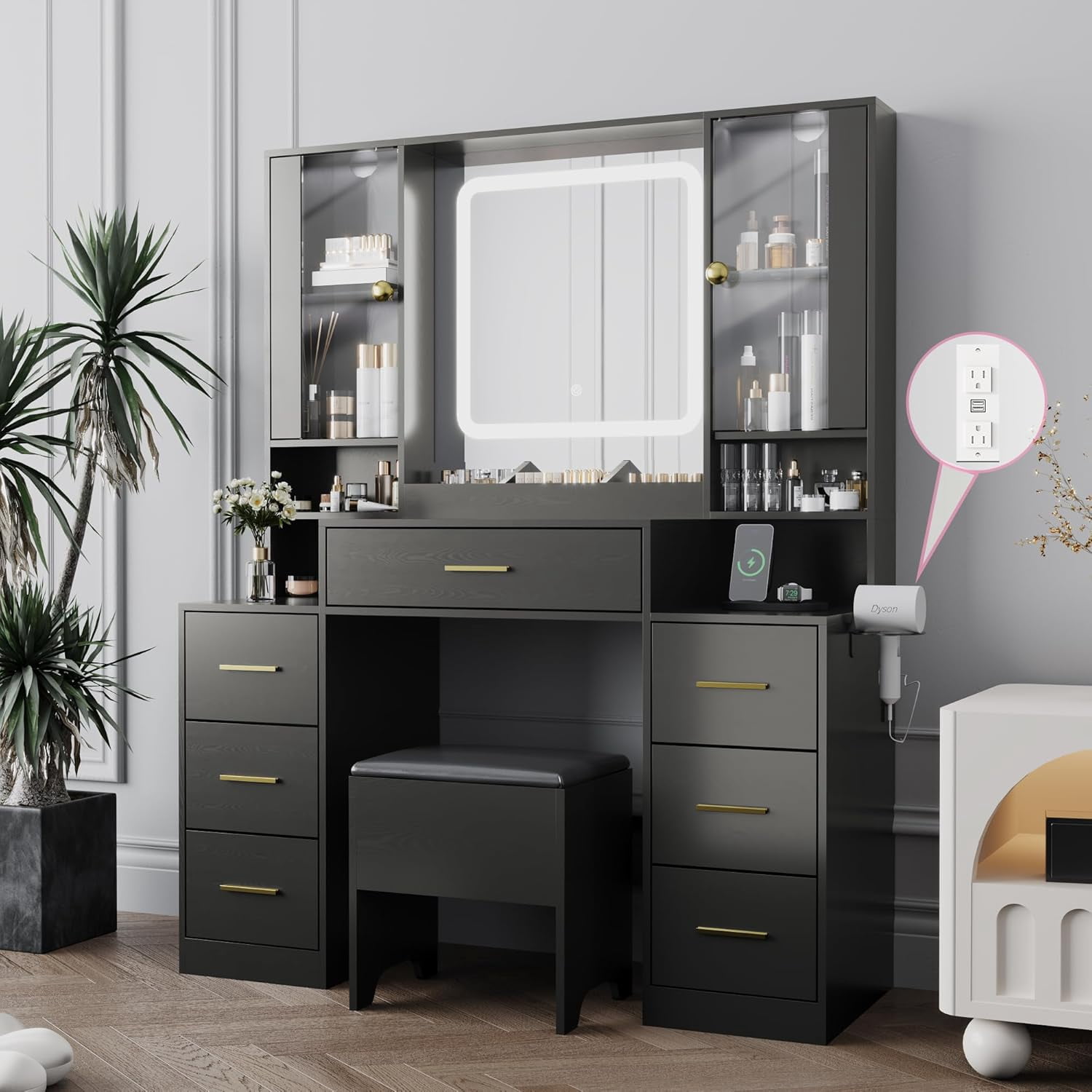 Makeup Vanity with LED Light Strip Mirror and Chair, 7 Drawers & 2 RGB