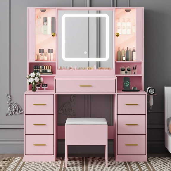 Makeup Vanity with LED Light Strip Mirror and Chair, 7 Drawers & 2 RGB Cabinets Vanity Makeup Desk with Power Strip, Adjustable LED Lighting, and Cushioned Stool for Women, Girls, Teens