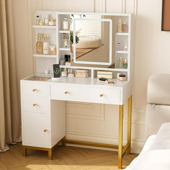 Makeup Vanity with LED Lighted Mirror&Power Outlet,3 Lighting Modes,Adjustable Brightness,Makeup Vanity Desk With Acrylic Tabletop & Drawers and Cabinets for Bedroom