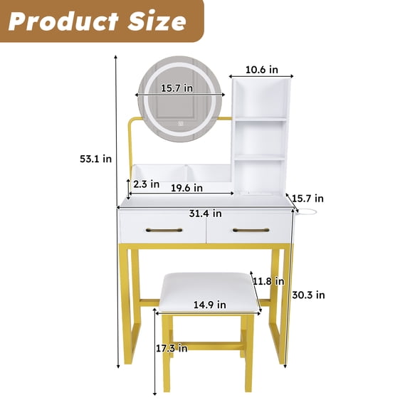 Makeup Vanity with LED Lights&3 Color and Power Outlet Makeup Vanity Table with 2 big Drawers with Sturdy Metal Leg and Metal Chair Dressing Table for Bedroom Dressing Room (White) RR