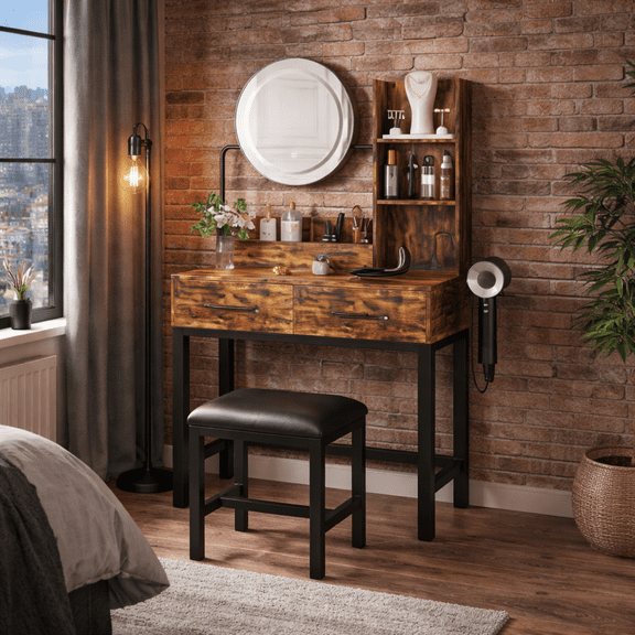 Makeup Vanity with LED Lights&3 Color and Power Outlet Makeup Vanity Table with 2 big Drawers with Sturdy Metal Leg and Metal Chair ,Dressing Table for Bedroom Dressing Room (brown)