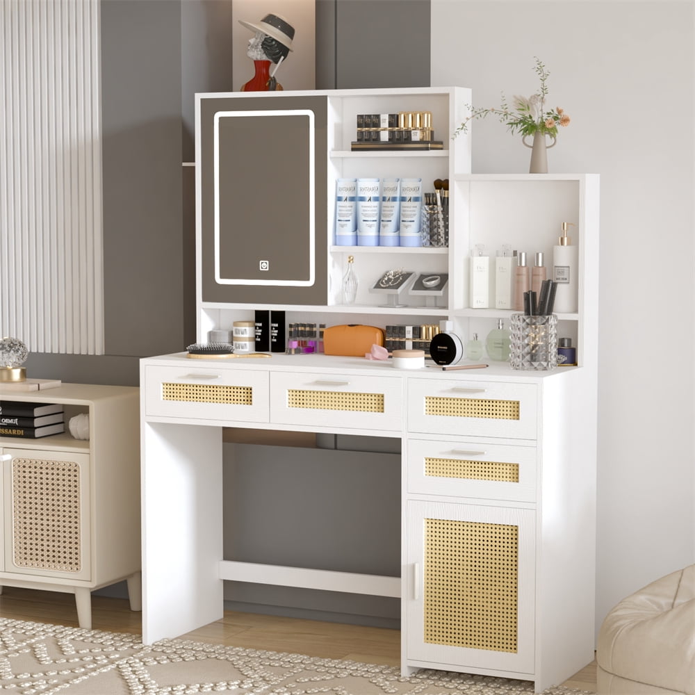 Makeup Vanity with Lights in 3 Colors & Openable Mirror, Rattan Vanity ...