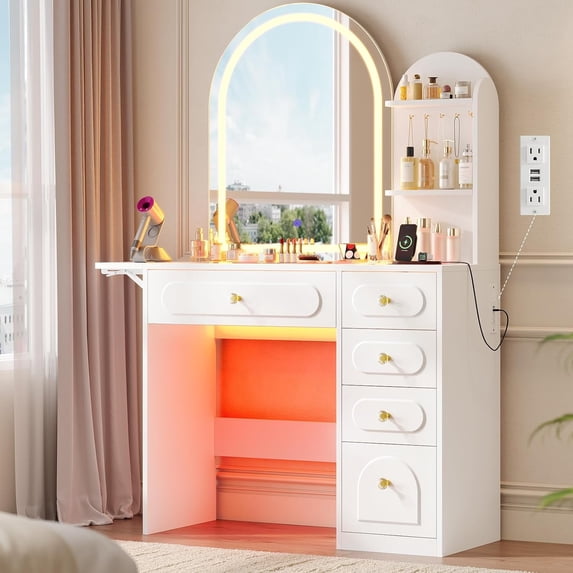 Makeup Vanity with LED Lights and Charging Station, Large Vanity Desk with 5 Drawers, 2 Shelves, Fold-up Panel,Dressing Table with Lighted Mirror,Glass Top and Power Outlet for Bedroom,White