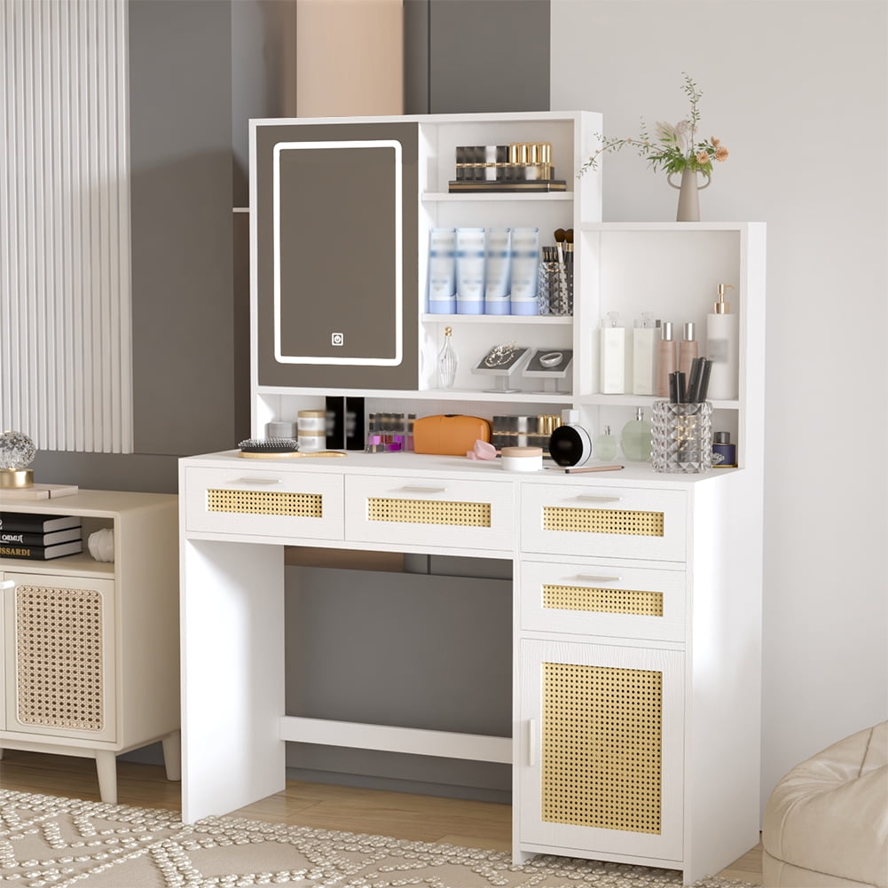 Makeup Vanity with Lights in 3 Colors & Openable Mirror, Boho Vanity ...