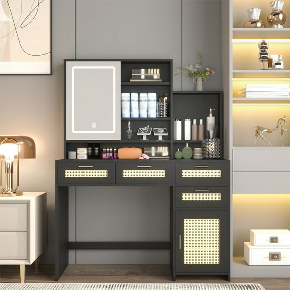 Makeup Vanity with Lights in 3 Colors & Openable Mirror, Boho Vanity Desk with 4 Drawers & 1 Cabinets & Shelves, Rattan Vanity Table Dresser, for Bedroom
