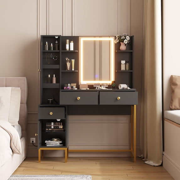 Makeup Vanity with Lights, 3 Lighting Modes Vanity Desk with Soft Cushioned Stool, Modern Dressing Table with Charging Station, 3 Drawers, a Cabinet and Open Shelves for Bedroom, Black