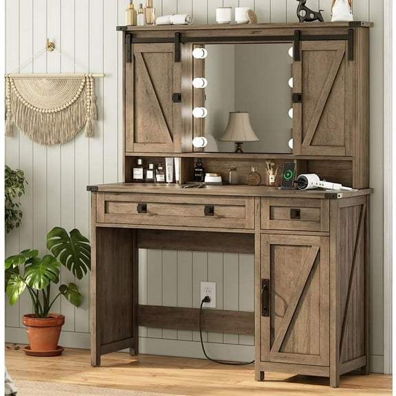Makeup Vanity with Lights & Barn Doors, Vanity Desk with Mirror and Lights & Charging Station, Farmhouse Brown Vanity Table with Jewelry Hooks and Open Storage Shelves