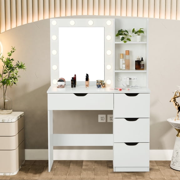 Makeup Vanity with Lights, Vanity Desk with Charging Station, Storage Shelf, 4 Drawers Makeup Table with Lighted Mirror, 3 Lighting Modes Brightness Adjustable Bedroom Dressing Table