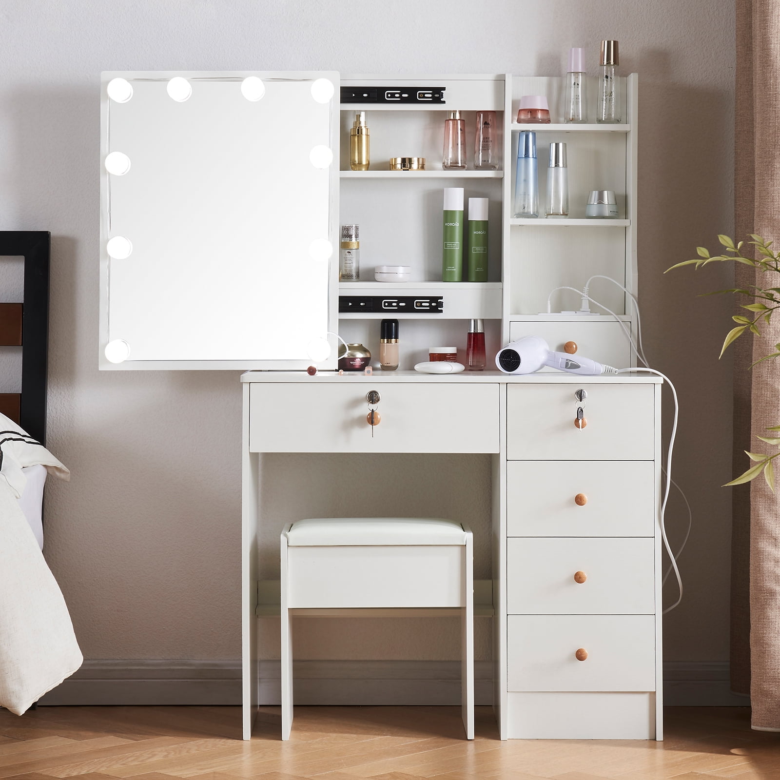 Makeup Vanity with Lights, Vanity Desk with Charging Station, White