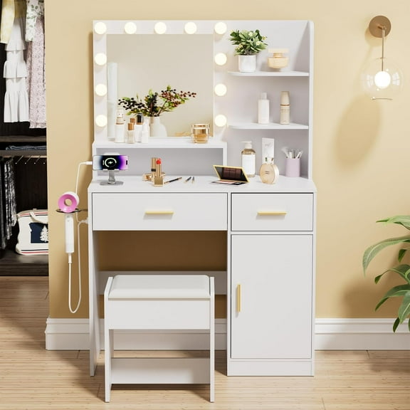Makeup Vanity with Lights & Mirror, Vanity Desk with Power Outlet, White Vanity Set with 2 Drawers, Dressing Table with Adjustable 3 Lighting Color (White, Right Door)