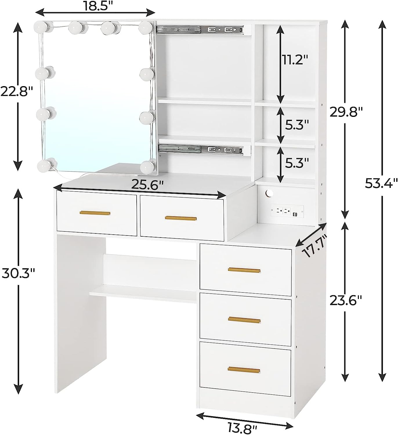 Makeup Vanity with Lights, Vanity Table with Charging Station, Vanity