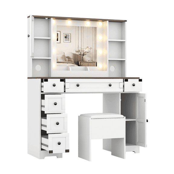 Makeup Vanity with Mirror and Lights, 3 Lighting Modes Vanity Desk with Soft Cushioned Stool, Charging Station, 2 Cabinet, 6 Drawers, Farmhouse Dressing Table Set for Bedroom, White