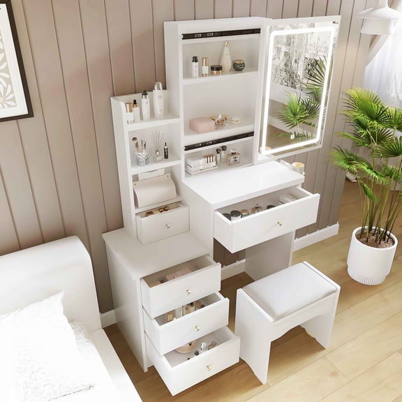 Makeup Vanity with Mirror and Lights, Large Vanity Table with Storage and Drawers, Lighted Vanity Desk for Bedroom, Adjustable LED Dressing Table with Shelves and Sliding Mirror