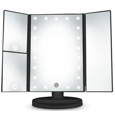 Makeup Vanity Mirror Magnifying with 21 LED Lights, Cosmetic Standing Table Mirror, 3X/2X Magnified Travel Foldaway Mirror, 180 Degree Rotation Black
