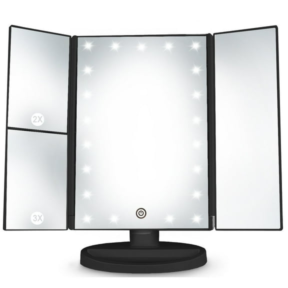 Makeup Vanity Mirror Magnifying with 21 LED Lights, Cosmetic Standing Table Mirror, 3X/2X Magnified Travel Foldaway Mirror, 180 Degree Rotation Black