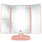 Makeup Vanity Mirror Magnifying with 21 LED Lights, Cosmetic Standing Table Mirror, 3X/2X Magnified Travel Foldaway Mirror, 180 Degree Rotation Pink