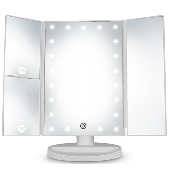 Makeup Vanity Mirror Magnifying with 21 LED Lights, Cosmetic Standing Table Mirror, 3X/2X Magnified Travel Foldaway Mirror, 180 Degree Rotation White