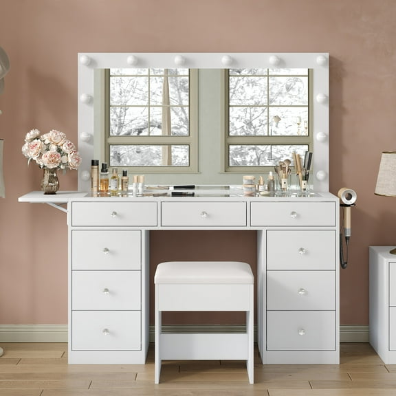 Makeup Vanity with Power Outlet, 9 Drawers Vanity Desk with Mirror and 12 LED Lights, 3 Lighting Modes, Glass Top Vanity Set,Dressing Table with Fold-Up Pane