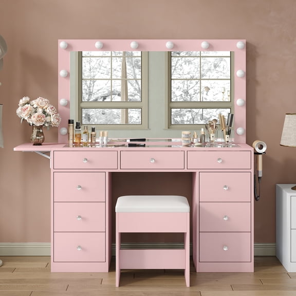 Makeup Vanity with Power Outlet, 9 Drawers Vanity Desk with Mirror and 12 LED Lights, 3 Lighting Modes, Glass Top Vanity Set,Dressing Table with Fold-up Pane