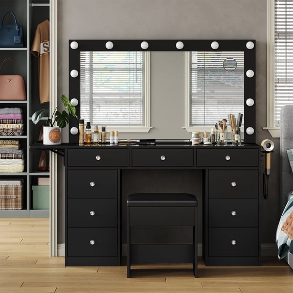 Makeup Vanity with Power Outlet, 9 Drawers Vanity Desk with Mirror and 12 LED Lights, 3 Lighting Modes, Glass Top Vanity Set,Dressing Table with Fold-Up Pane