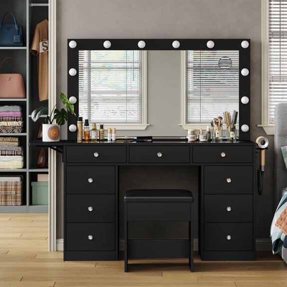 Makeup Vanity with Power Outlet, 9 Drawers Vanity Desk with Mirror and 12 LED Lights, 3 Lighting Modes, Glass Top Vanity Set,Dressing Table with Fold-Up Pane