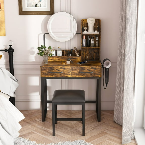 Makeup Vanity with Power Outlet and LED Lights(3 Color), Makeup Vanity Table with Metal Chair and 2 Big Drawers with Sturdy Metal Legs Dressing Table for Bedroom, Dressing Room, Brown