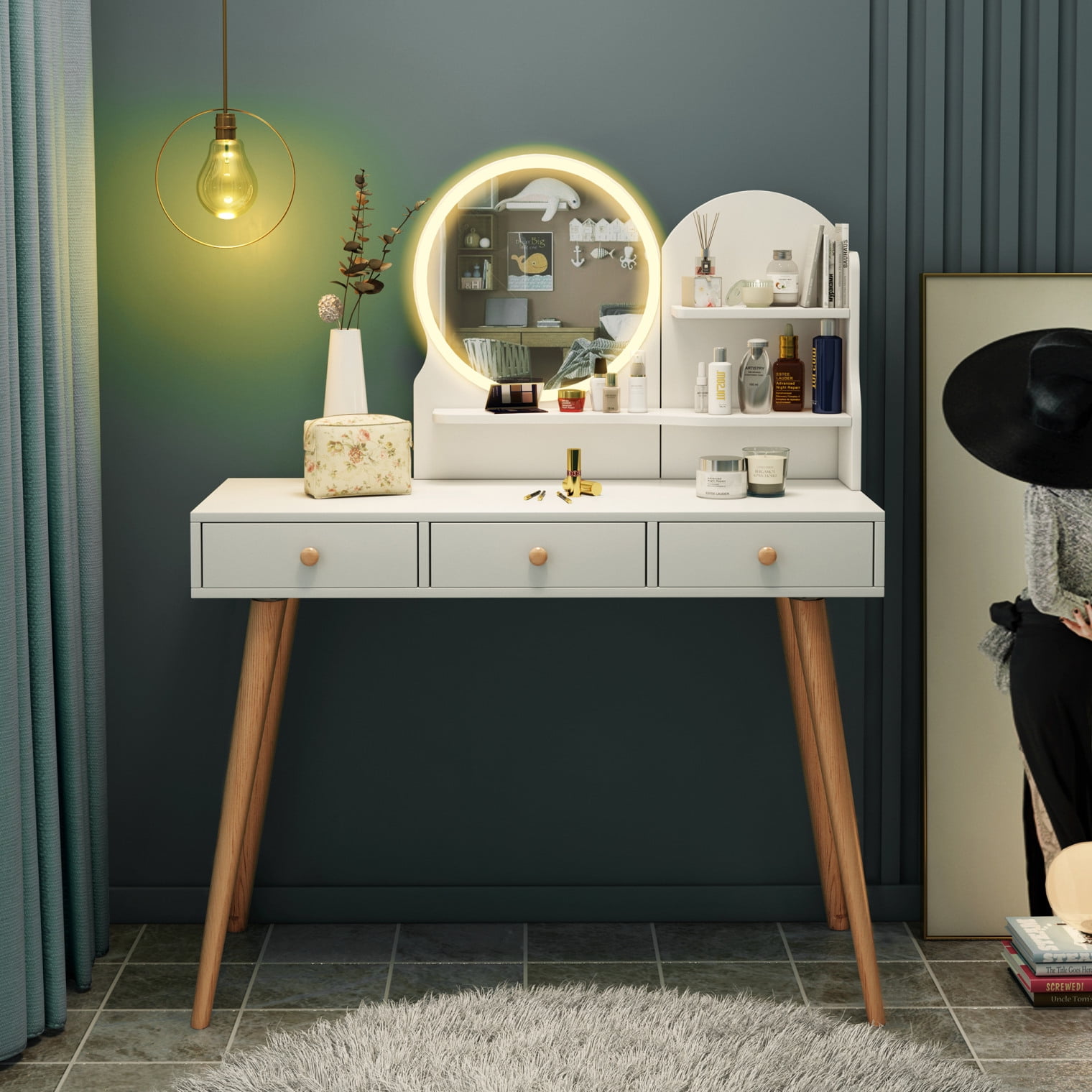 Makeup Vanity with Round Mirror and Lights, White Vanity Makeup Table ...