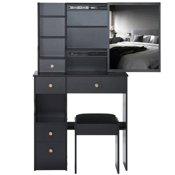 Makeup Vanity Set 29.2" Small Space Left Drawer Desktop Vanity Table + Cushioned Stool, Extra Large Right sliding mirror, Multi Layer High Capacity Storage, Practical Fashionable Dresser, Suitable Fo
