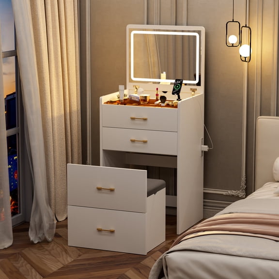 Makeup Vanity Set 3 in 1 Vanity Desk with open Top Mirror,Make Up Vanity Set with Visible Glass Desktop,Compact Makeup Vanity with 3 Drawers and stool,Dressing Table for Bedroom,Bedroom Makeup Vanity