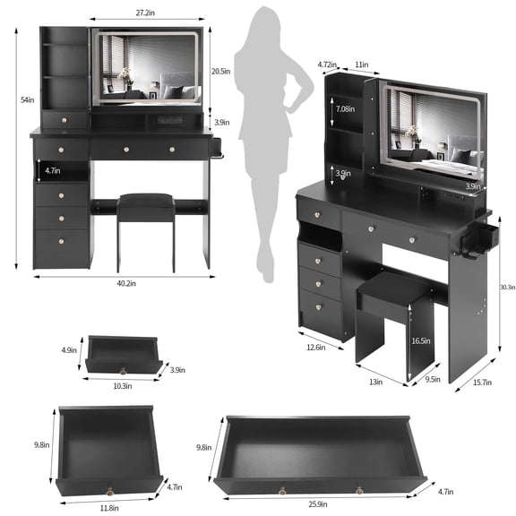 Makeup Vanity Set 41" Large Size Left Drawer Desktop Vanity Table+Cushioned Stool Dresser Set, 2 AC+2 USB Power Station, Hair Dryer Stand, Extra Large Touch Control LED Mirror, 3-color Switch, EPA, G