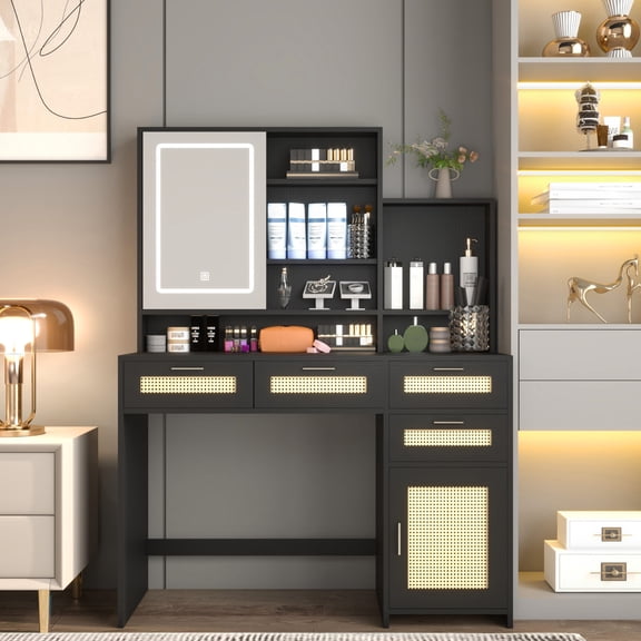 Makeup Vanity Set for Bedroom | Brightness - Adjustable Lights for All Makeup Occasions | MDF and Rattan Design | Store Belongings in Mirror Back & Drawers