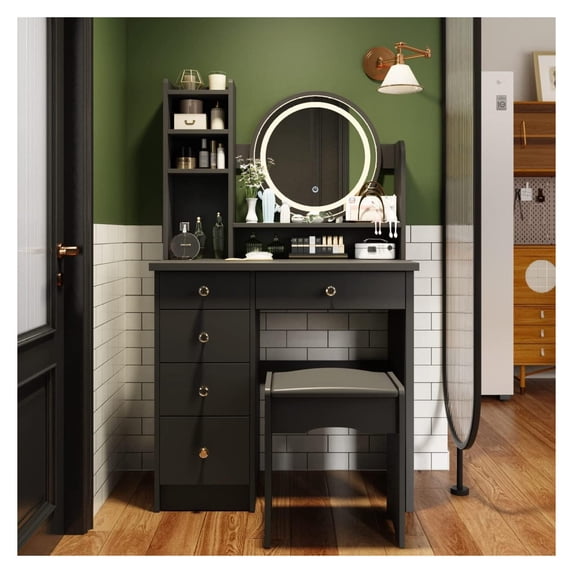 Makeup Vanity Set Dresser Desk with 5 Drawer and Shelf Round Mirror with Touch Screen and Light Vanity Set with Cushioned Stool for Bedroom, Black
