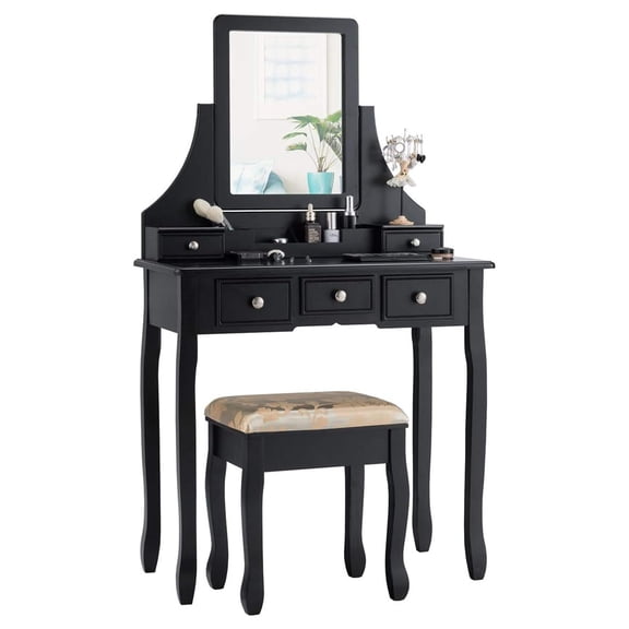 Makeup Vanity Set with Mirror and Cushioned Stool, Dressing Table with 5 Drawers and Removable Storage Organizers, Bedroom Makeup Table with Stool for Women Girls (Black)