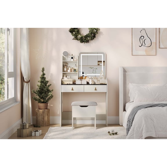 Makeup Vanity Set with Mirror and Lights, Small Makeup Desk with Upholstered Storage Stool, Dressing Table with 2 Large Drawers and 3-Tier Open Shelves for Bedroom