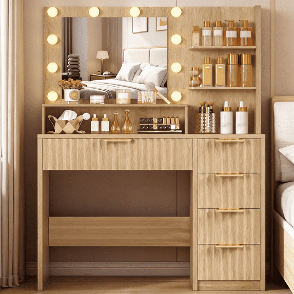 Makeup Vanity Set with Mirror & Lights, Vanity Desk with 5 Drawers & Storage Shelves, Makeup Vanity , 3 Color Modes & Adjustable Brightness Dressing Table, Bedroom, For Christmas gifts, Natural