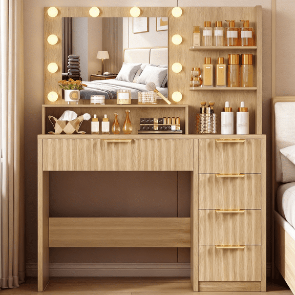 Makeup Vanity Set with Mirror & Lights, Vanity Desk with 5 Drawers & Storage Shelves, Makeup Vanity , 3 Color Modes & Adjustable Brightness Dressing Table, Bedroom, For Christmas gifts, Natural