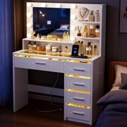 Makeup Vanity Set with Mirror & Lights, Vanity Desk with RGB Drawers & Storage Shelves, Makeup Vanity with Adjustable Brightness & RGB drawers of the light up, For Bedroom, White