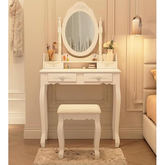 Makeup Vanity Set with Mirror and Stool White Wooden Dressing Table with 4 Drawers Cute Vintage Desk for Bedroom Bathroom Women Girls$$Home Decor, Kitchen, & Other