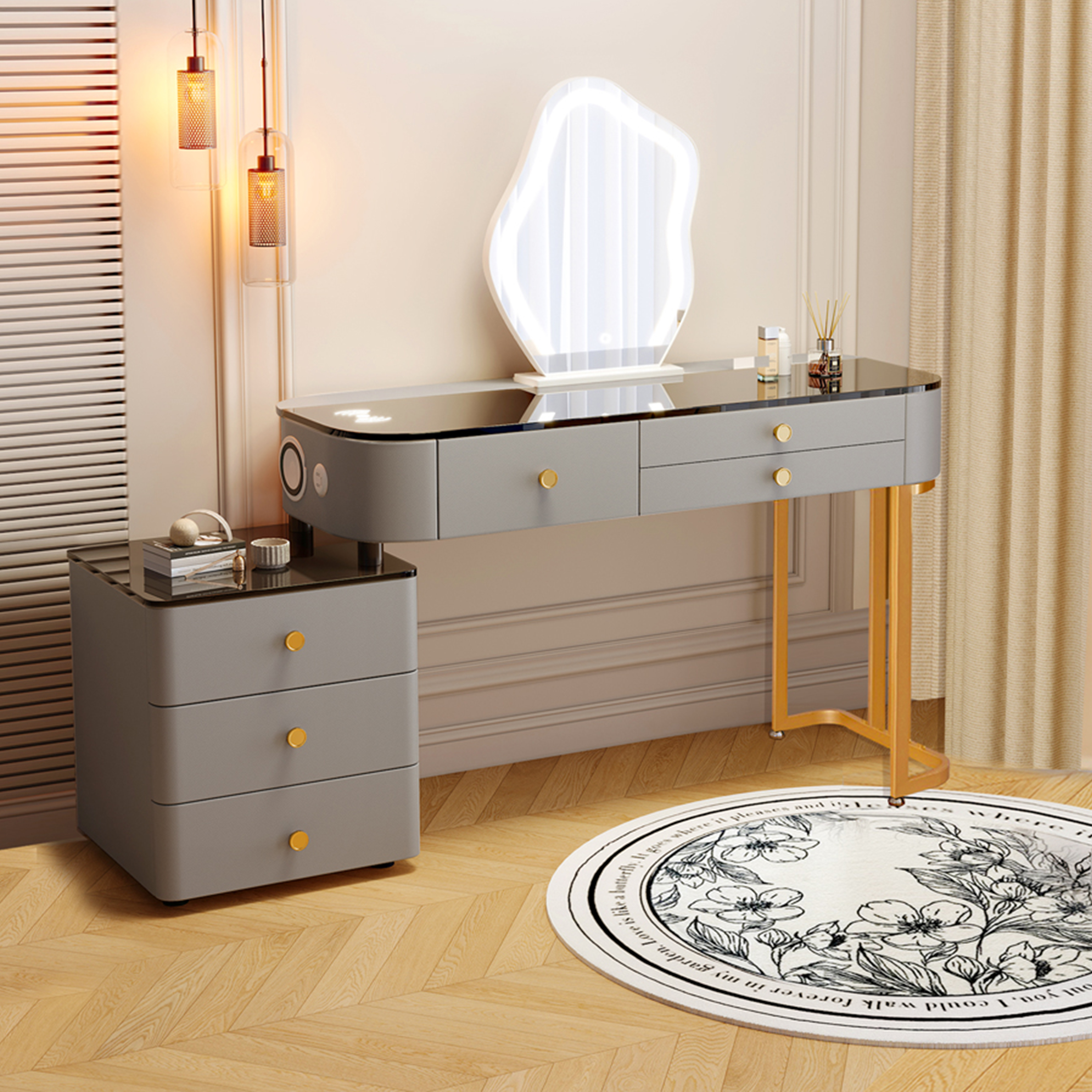 Makeup Vanity Set,Vanity Desk with Glass Top,Makeup Table with Wireless