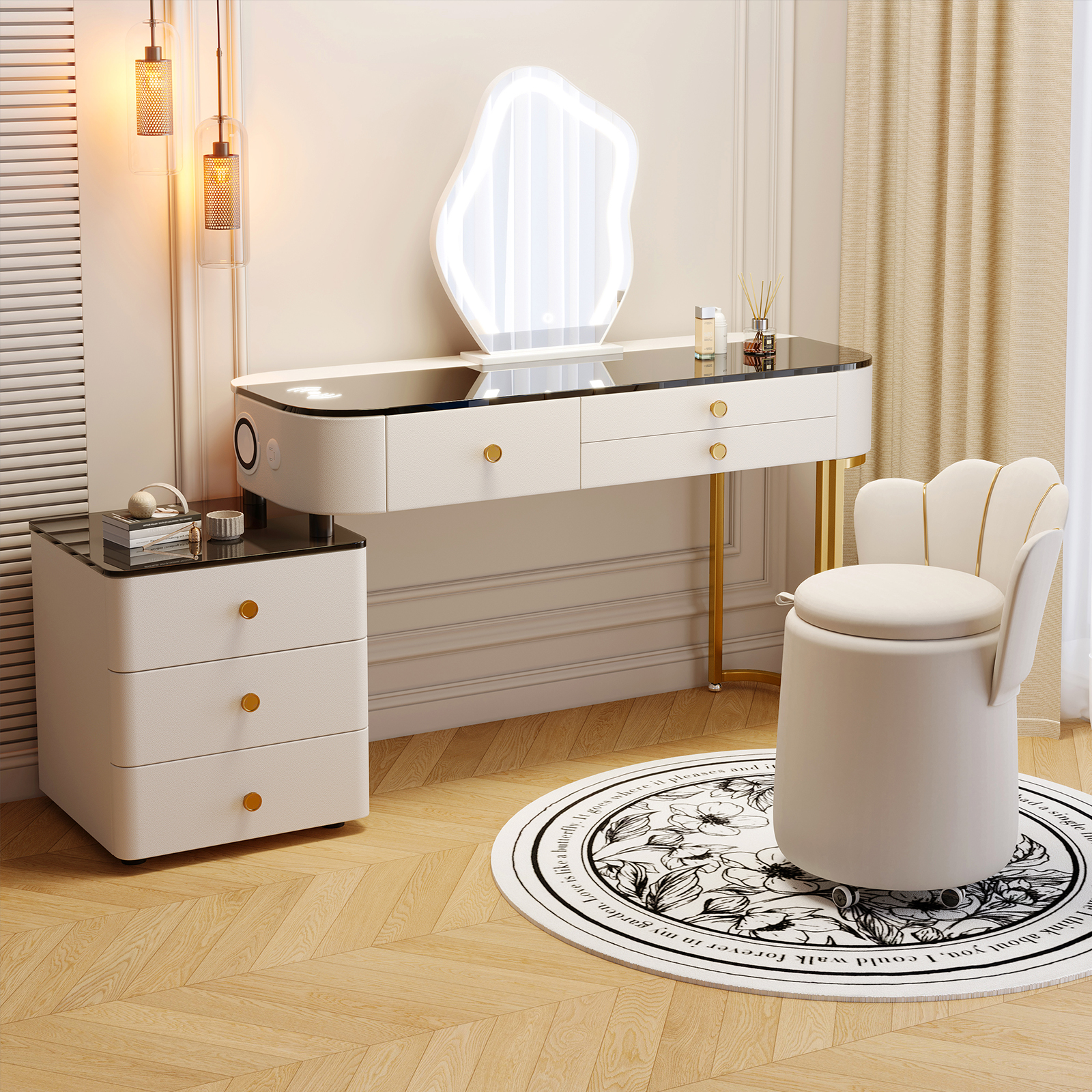 Makeup Vanity Set,Vanity Desk with Glass Top,Makeup Table with Wireless